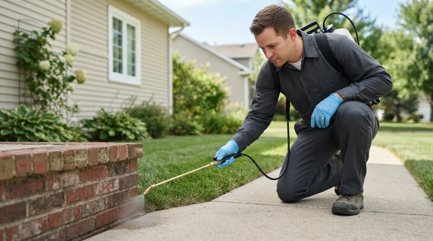 Pest control technician treating a home near Jay, OK